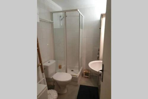 a bathroom with a shower and a toilet and a sink at LE RAVISSANT - 50m du Port - très calme in Cassis