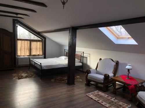 a bedroom with a bed and a chair and a window at POLOVRAGA - casă la țară cu ciubăr in Polovragi