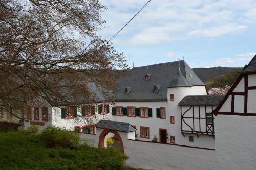 a large white building with a black roof at Winkelwerkstatt Hotel in Kröv