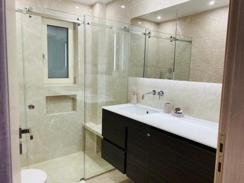 a bathroom with a sink and a glass shower at Olygreen Athens Residences in Athens