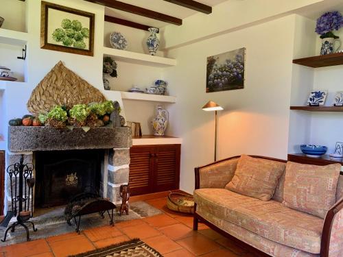 a living room with a couch and a fireplace at Stone House - Sete Cidades in Sete Cidades