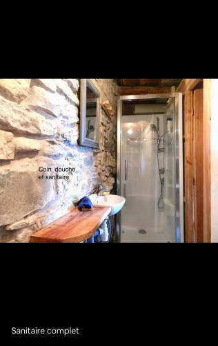 a bathroom with a sink and a shower and a counter at La bergerie Leffler in Buerba
