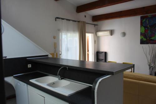 a bathroom with a sink and a black counter top at Residence Enzo Paradise in La Seyne-sur-Mer