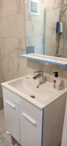a bathroom with a white sink and a mirror at Airport Guest House in Dalaman