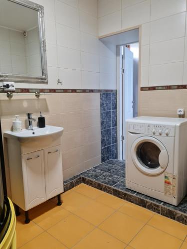 ein Badezimmer mit einer Waschmaschine und einem Waschbecken in der Unterkunft Birutės apartamentai in Klaipėda