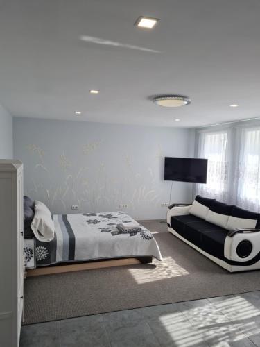 Schlafzimmer mit einem Bett und einem Flachbild-TV in der Unterkunft Birutės apartamentai in Klaipėda