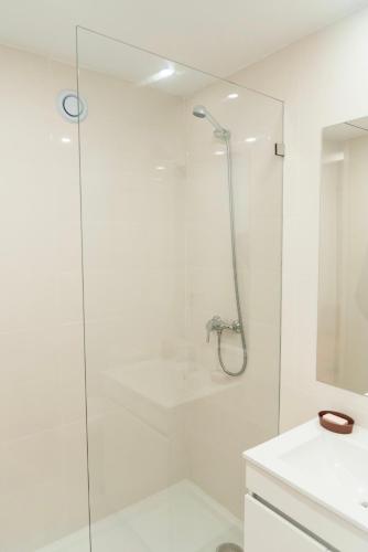 a bathroom with a shower with a glass door at Porto Wine Loft Duplex with swimming pool in Vila Nova de Gaia