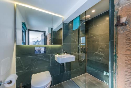 uma casa de banho com um WC, um lavatório e um chuveiro em Garden Rooms Edinburgh em Edimburgo