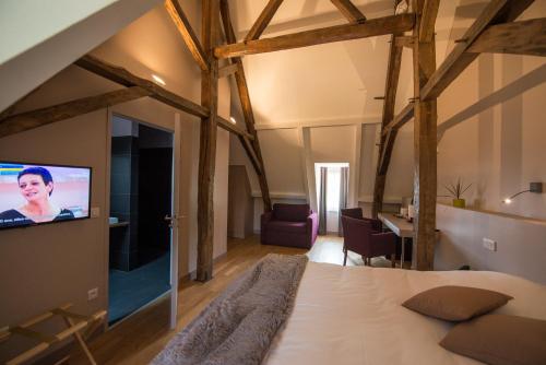 ベルリーヴ・シュル・アリエにあるChâteau du Bost - Teritoriaのベッドルーム1室(ベッド1台、壁にテレビ付)