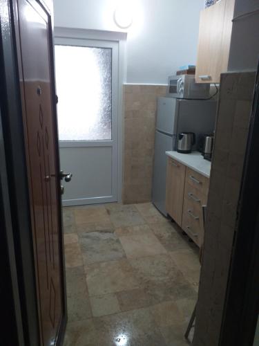 a kitchen with a refrigerator and a window in it at Studio Saturn in Saturn
