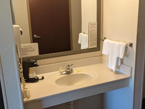 a bathroom with a sink and a mirror at Heritage Inn and Suites in Amory