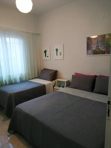a bedroom with two beds and a window at Beachfront Eva's House in Karianí