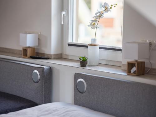 滨湖克拉科Ferienhaus für die ganze Familie - Kamin-Sauna-See的一间卧室,配有一张床和一个窗户,上面有植物