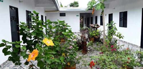 un jardin avec des fleurs et des plantes devant un bâtiment dans l'établissement Hostal Flor del Ariari, à Puerto Caldas