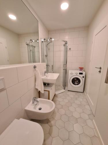 a bathroom with a toilet sink and a washing machine at Sea View Apartment Elija in Šventoji