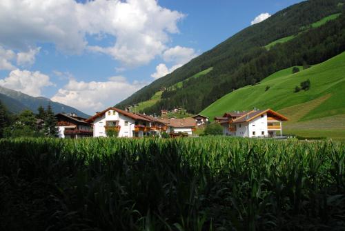 a village in the mountains with a green field at Residence Andrea in Cadipietra