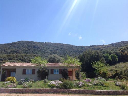 a house in a field with a mountain in the background at Residence Cucunacciu in Cargèse