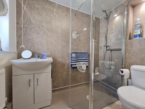 a bathroom with a shower and a sink and a toilet at Tolvarne in Teignmouth