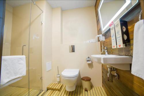 uma casa de banho com um WC, um lavatório e um chuveiro em Smart Hotel Bishkek em Bishkek