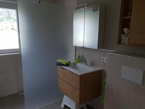 a bathroom with a sink and a counter top at Ferienwohnung Selina in Losheim