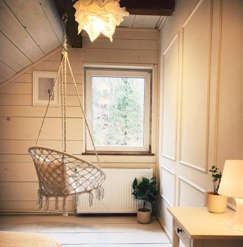 a swinging chair in a room with a window at Cabana Khaliope in Floroaia Mică