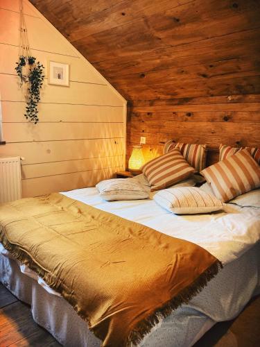 a large bed in a room with a wooden wall at Cabana Khaliope in Floroaia Mică