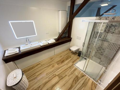 uma casa de banho com uma cabina de duche em vidro e um lavatório. em Apartmán U Hradeb Tachov em Tachov