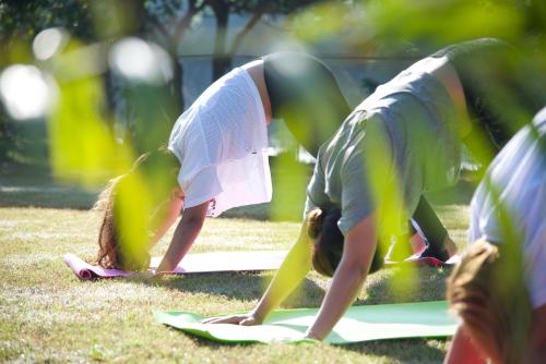 a group of people doing yoga in the grass at Avenue 18 Resort in Rishīkesh
