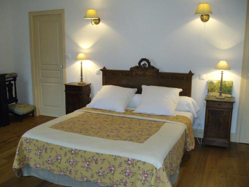 1 dormitorio con 1 cama grande y 2 mesitas de noche en DOMAINE DE BERTHEGILLE, en Sablonceaux