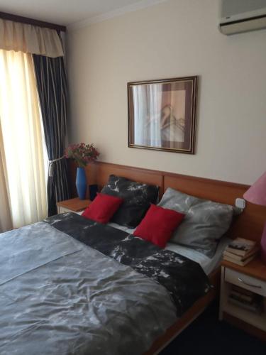 een slaapkamer met een bed met 2 rode kussens bij Turanj apartman in Turanj