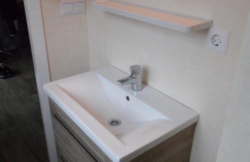 a bathroom with a white sink and a shelf at RBR 6062 - Beach Resort Kamperland in Kamperland