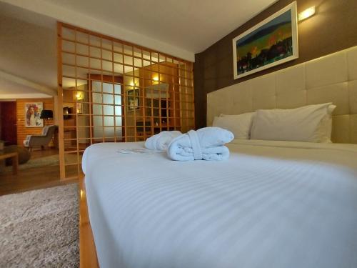 a bedroom with a bed with towels on it at Aurora Resort & Spa in Berovo