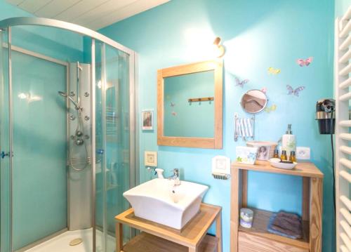 uma casa de banho com um lavatório e um chuveiro em Maison de 2 chambres avec jardin clos et wifi a Criel sur Mer em Criel-sur-Mer