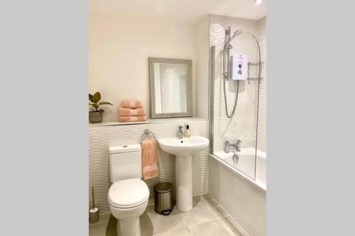 a bathroom with a toilet and a sink and a tub at Beautiful 2 Bedroom, 2 Bathroom Flat with Parking. in Pitlochry