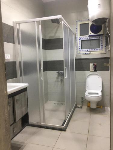 a shower stall in a bathroom with a toilet at Ramco For Furnished Apartments And Accommodation Compound Leila in Cairo