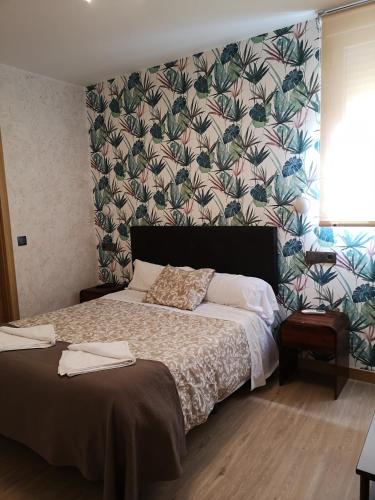 a bedroom with a bed with a floral wallpaper at Hostal Juan Bravo in Segovia