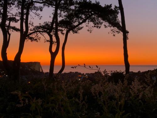 a sunset over the ocean with trees in the foreground at Domaine Saint Clair - Le Donjon in Étretat