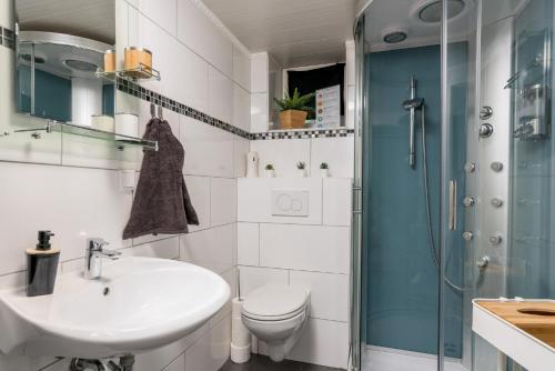uma casa de banho com um WC, um lavatório e um chuveiro em Home Cinema Kassel with Netflix and Disney em Kassel