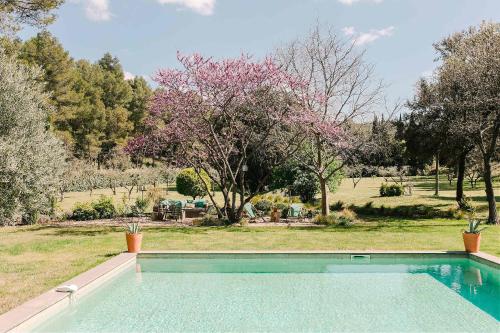 une piscine en face d'un jardin arboré dans l'établissement La Roussatino, à Saint-Étienne-du-Grès