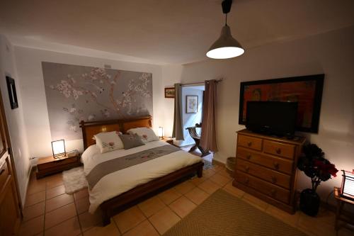 a bedroom with a bed and a flat screen tv at Le couvent côté jardin in Rocles