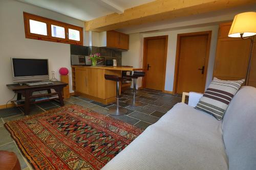 a living room with a couch and a tv at Matapouri in Le Châble