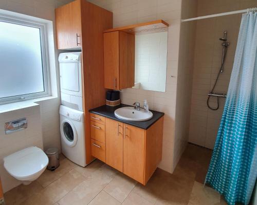 
a bathroom with a toilet, sink, and shower at Saeluhus Apartments & Houses in Akureyri
