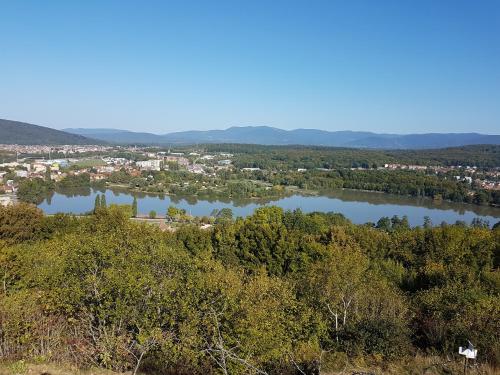 a view of a lake from the top of a hill at le nid fleuri de Cravanche in Cravanche