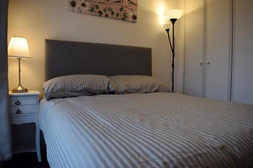a bedroom with a bed with a striped blanket and a lamp at 2 Bedroom Apartment near historical Christchurch in Dublin