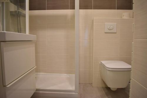 une salle de bain avec toilettes et douche dans l'établissement Charming studio near République and Le Marais, à Paris