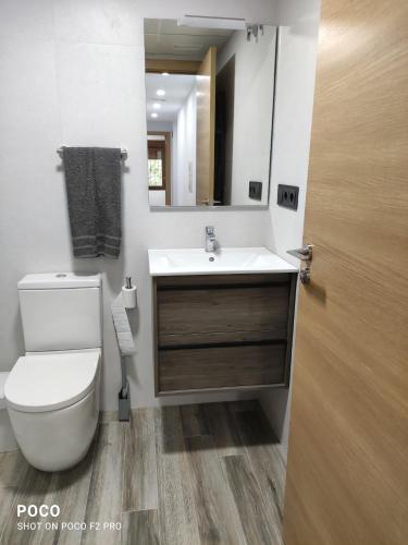 a bathroom with a toilet and a sink and a mirror at Casa Rural Lavernia in Cabanes