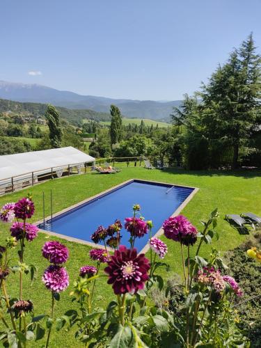 una piscina en un campo con flores en Mas d'en Roqueta CASA, en Aravell