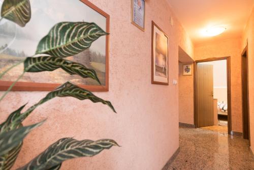 a hallway with a painting of leaves on the wall at Guest House Bagi in Požega
