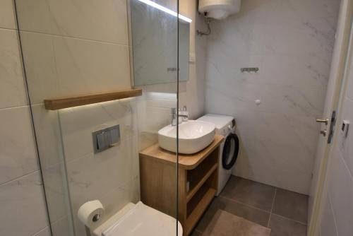 Un baño con lavabo, inodoro y ducha. en Villa NEDE, en Podgora