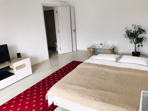 - une chambre avec un grand lit et un tapis rouge dans l'établissement Piatra Craiului Residence Zărnești, à Zărneşti